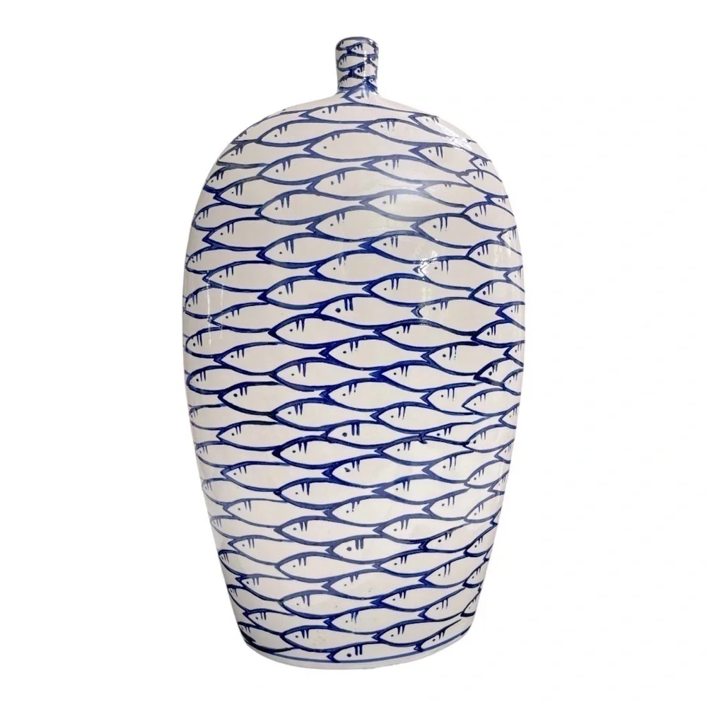 Barbara king Round Blue and White Hand Painted Accent Vase with Fish Pattern - Picture 3 of 8